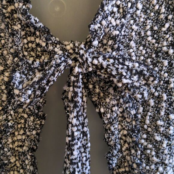 Papillon Blanc Black + White Popcorn Knit Ruffled Cardigan Sweater Sz M - Picture 5 of 9